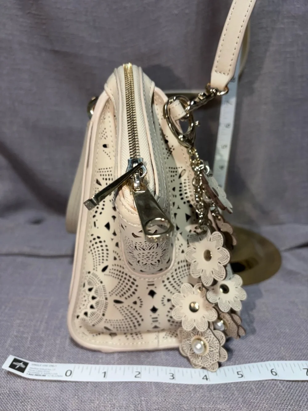 Zac Posen Cream Laser-Cut Floral Satchel with Charm